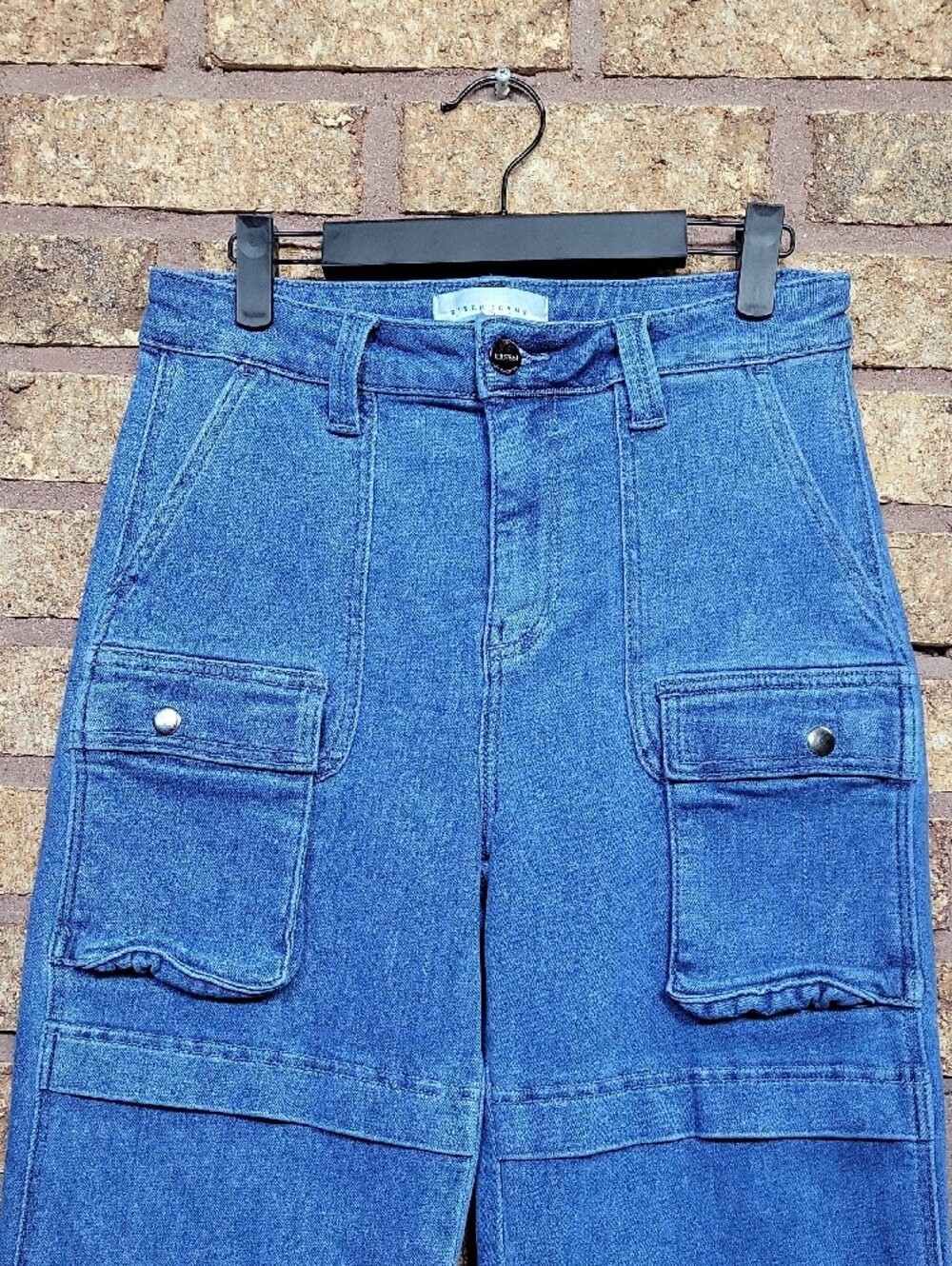 Risen High Rise Wide Leg Cargo Jeans Utility Denim Pants Size 28 Stretch - Picture 3 of 12